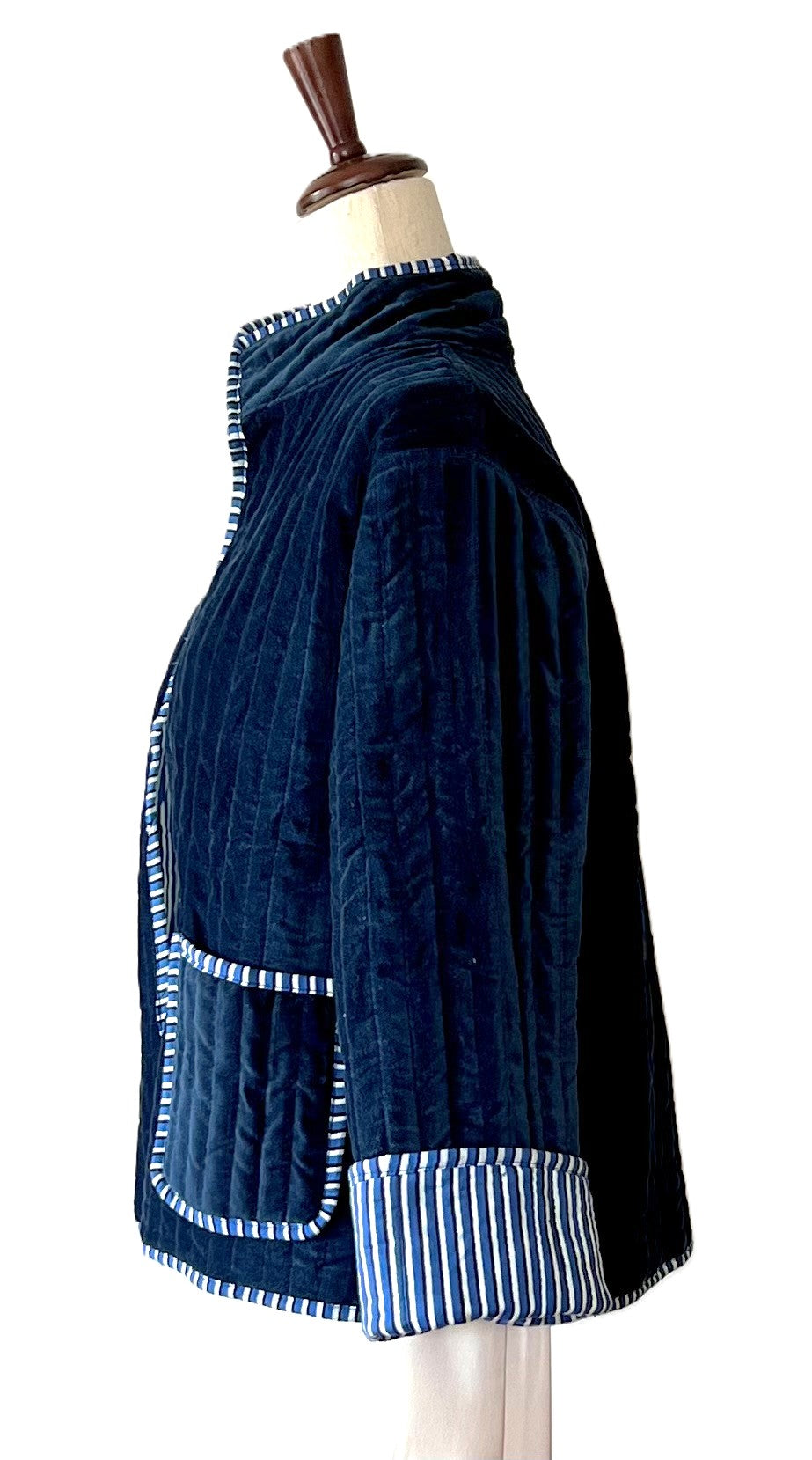 New Reversible Velvet Womens Open Jacket With Stripe Piping is so dreamy. (Dark Blue)