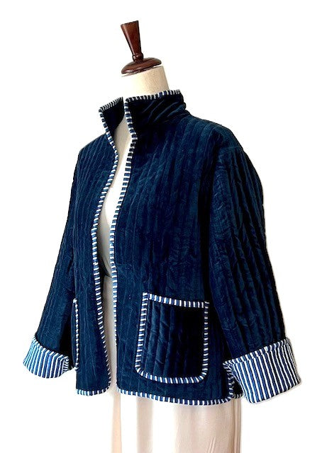 New Reversible Velvet Womens Open Jacket With Stripe Piping is so dreamy. (Dark Blue)