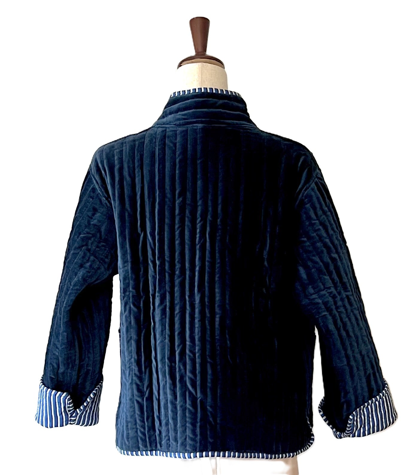 New Reversible Velvet Womens Open Jacket With Stripe Piping is so dreamy. (Dark Blue)