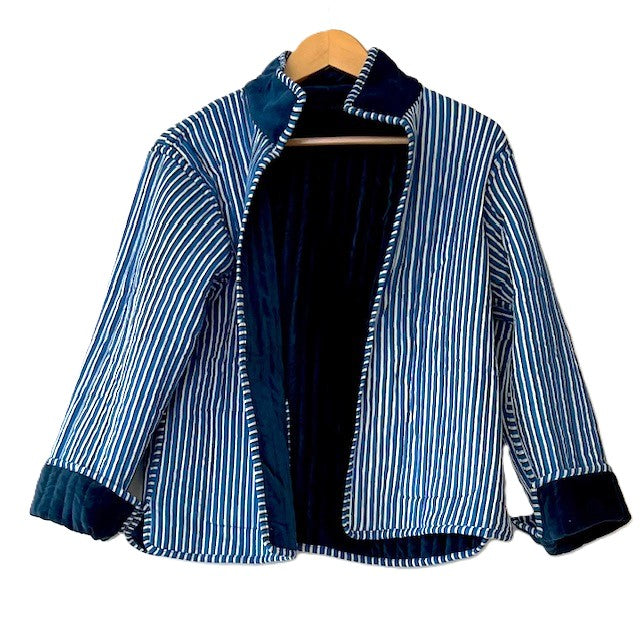 New Reversible Velvet Womens Open Jacket With Stripe Piping is so dreamy. (Dark Blue)