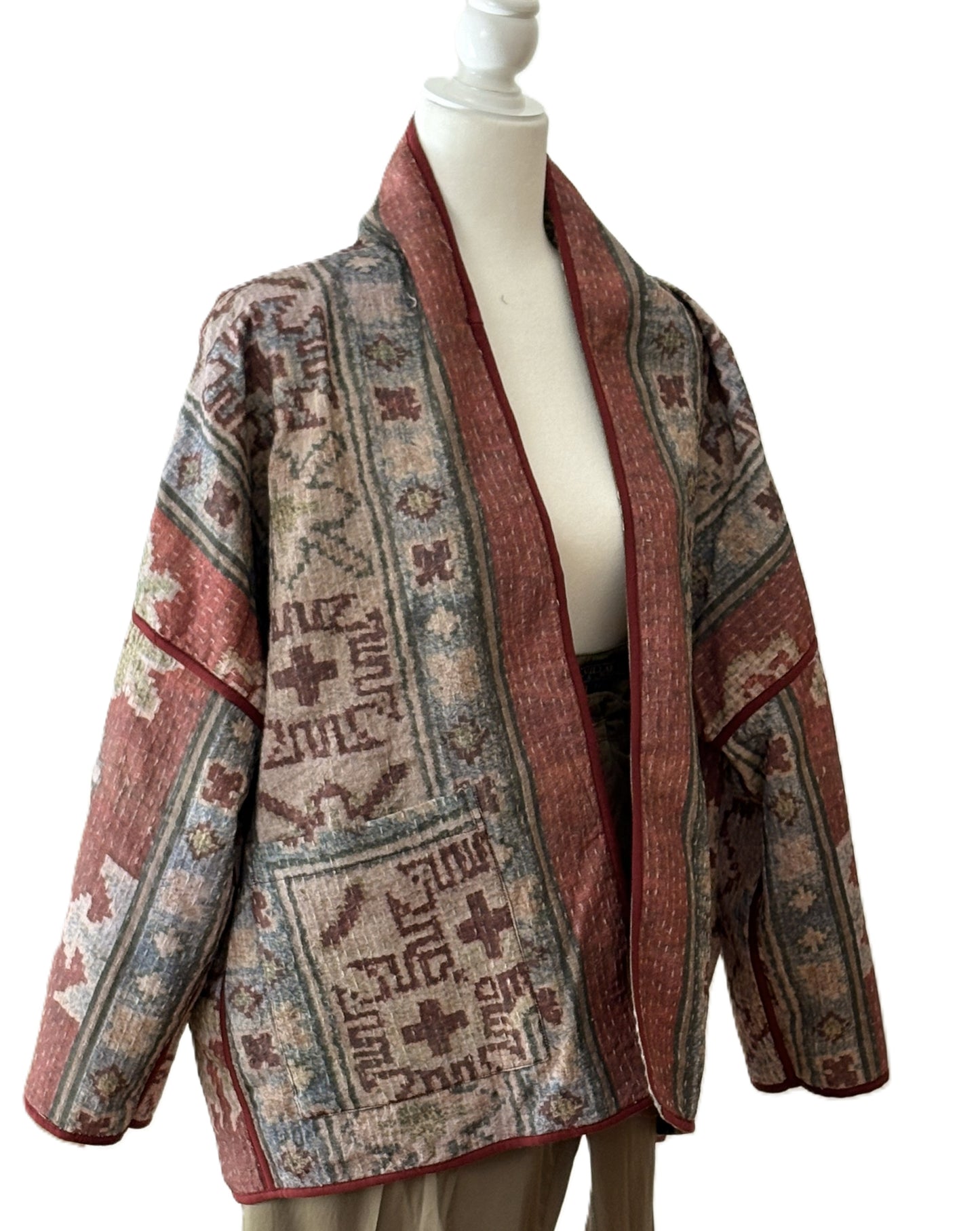 Wearable Art Vintage Reversible Kantha Quilted Jacket: Short Suzani Embroidered Coat