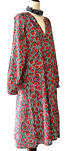 Dresses: Hand Block Printed Blue Stripe Watermelon Cotton Dress