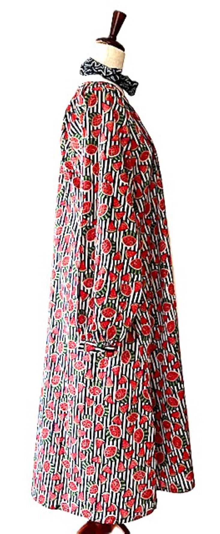 Dresses: Hand Block Printed Blue Stripe Watermelon Cotton Dress
