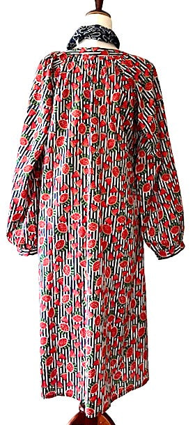 Dresses: Hand Block Printed Blue Stripe Watermelon Cotton Dress