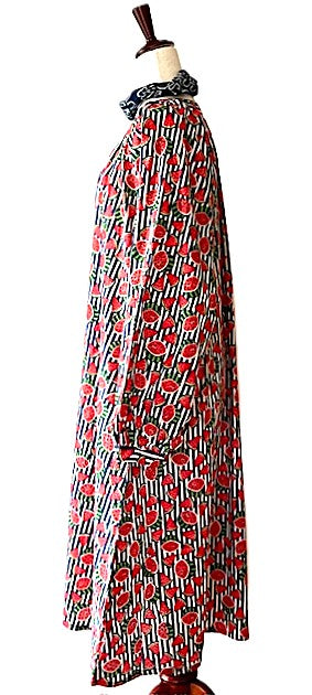 Dresses: Hand Block Printed Blue Stripe Watermelon Cotton Dress