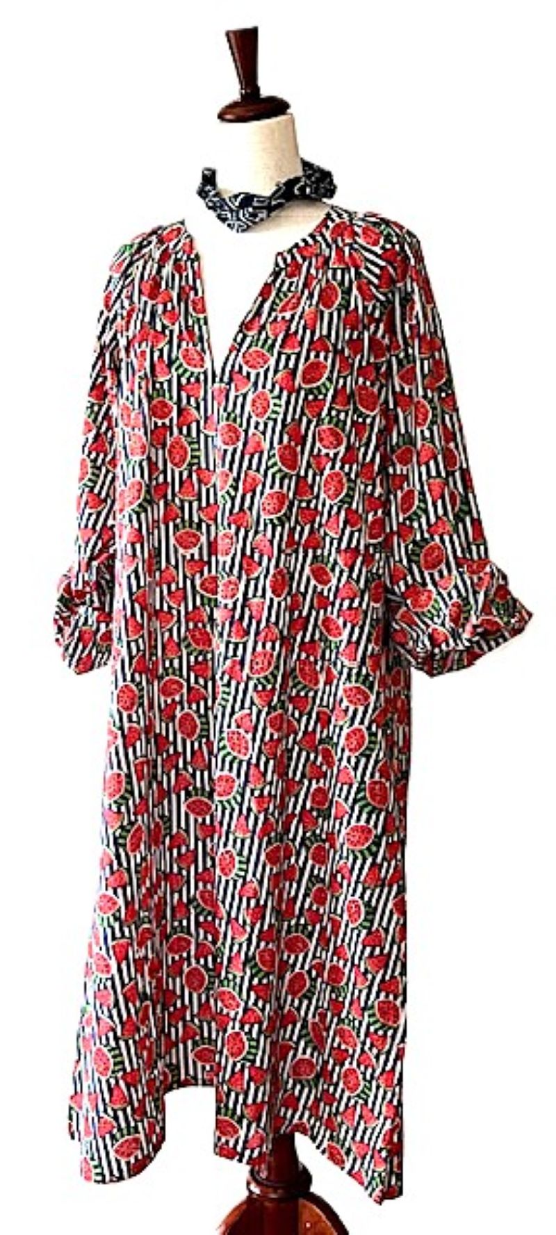 Dresses: Hand Block Printed Blue Stripe Watermelon Cotton Dress