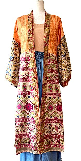 Silk Kimono Duster In a Water Color Print (Bronze Orange)