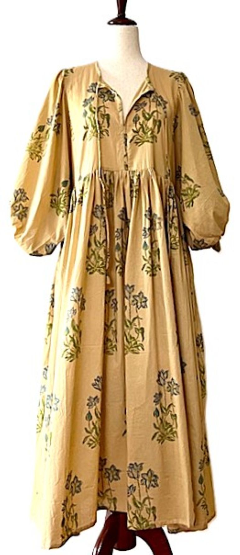 Dresses: Smart Floral Cotton Handblock Midi. Unusual and Seasonless.(Mustard)
