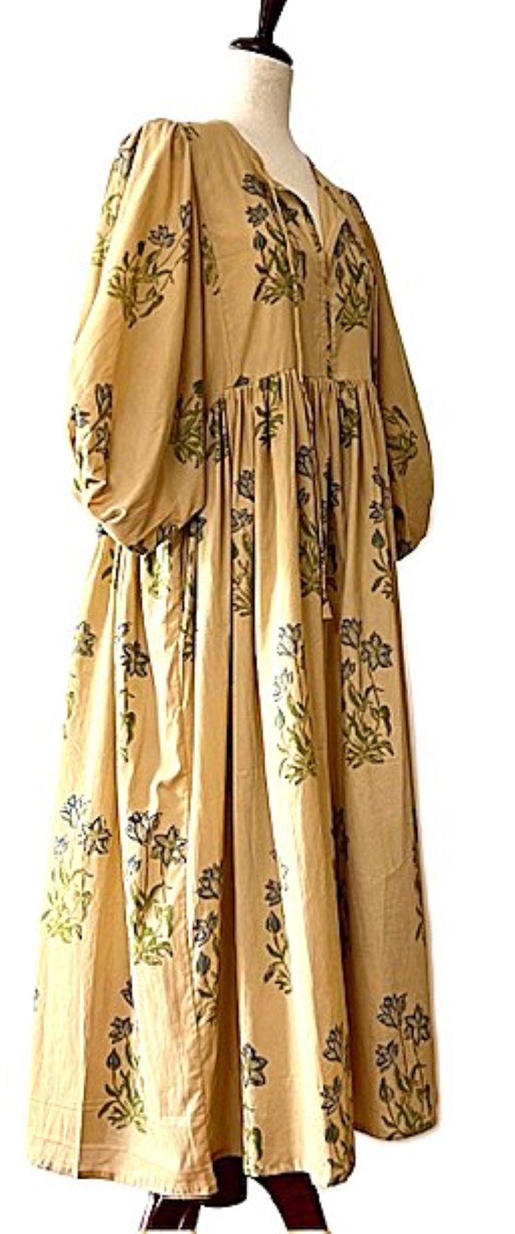 Dresses: Smart Floral Cotton Handblock Midi. Unusual and Seasonless.(Mustard)