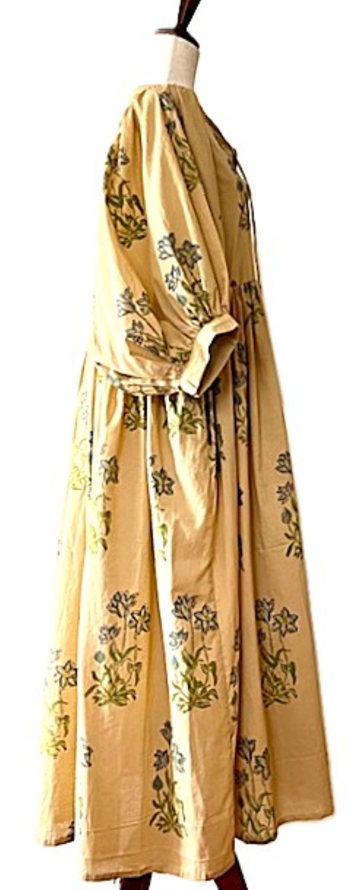 Dresses: Smart Floral Cotton Handblock Midi. Unusual and Seasonless.(Mustard)