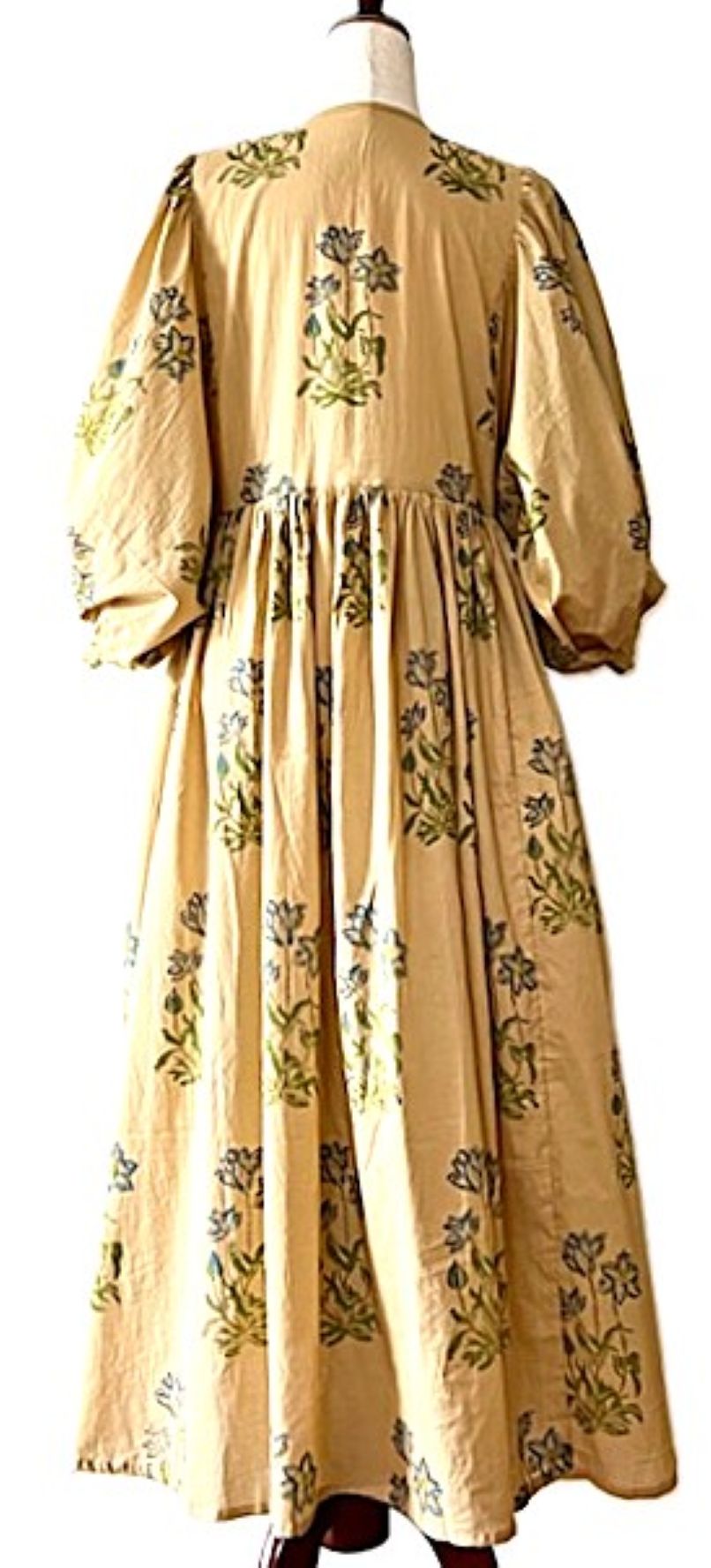 Dresses: Smart Floral Cotton Handblock Midi. Unusual and Seasonless.(Mustard)