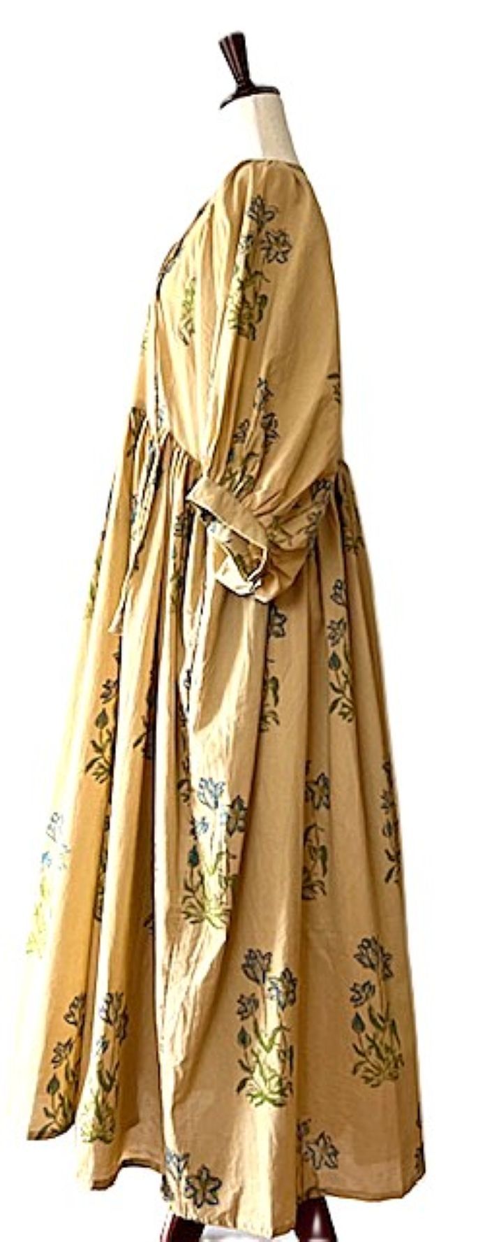 Dresses: Smart Floral Cotton Handblock Midi. Unusual and Seasonless. (Mustard)