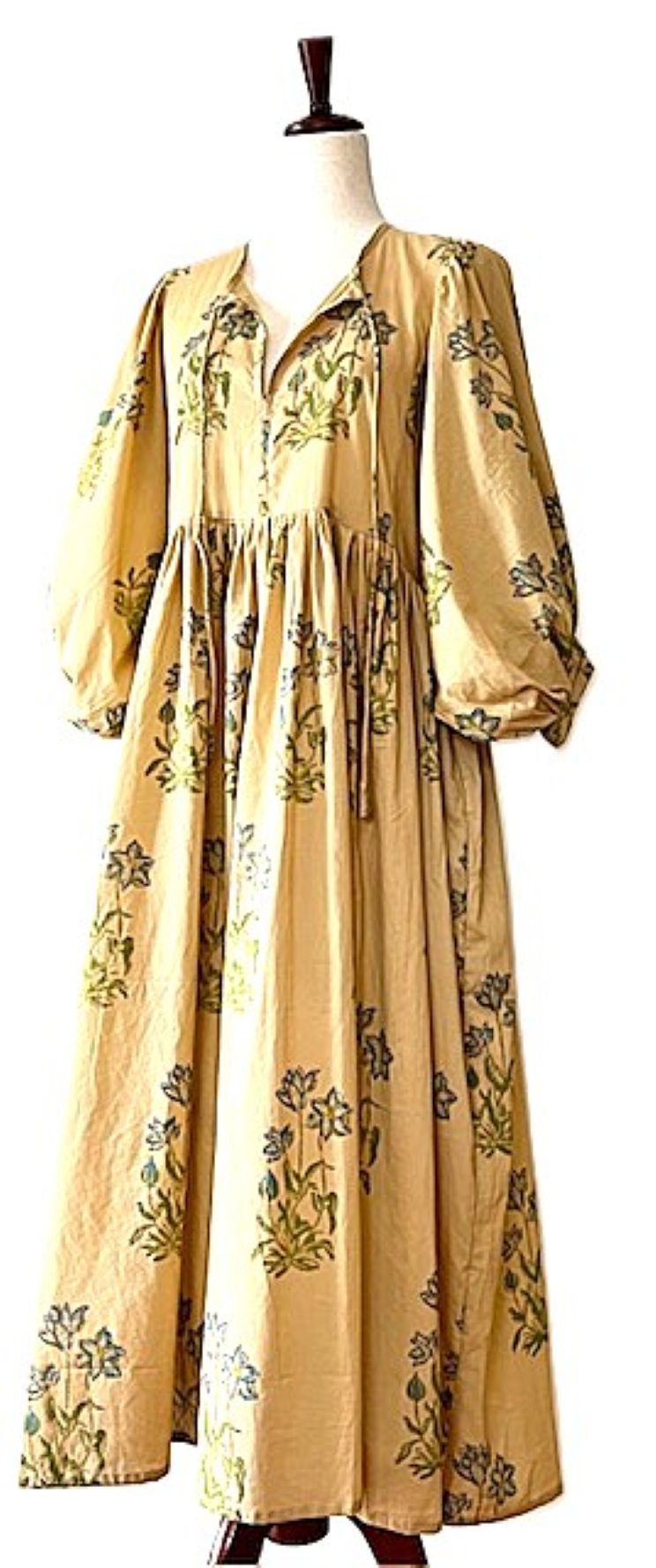 Dresses: Smart Floral Cotton Handblock Midi. Unusual and Seasonless. (Mustard)