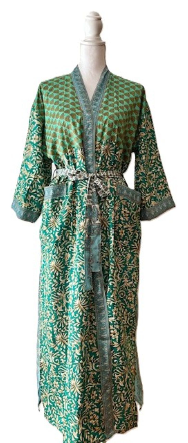 Long Silk Kimono Duster Is Feminine and Sweet. (Green Florals)