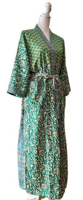 Long Silk Kimono Duster Is Feminine and Sweet. (Green Florals)