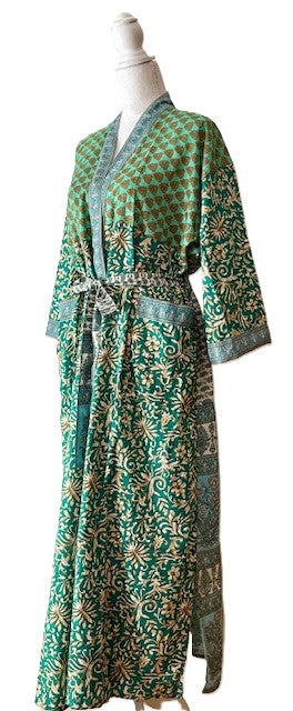 Long Silk Kimono Duster Is Feminine and Sweet. (Green Florals)