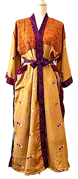 Luxurious Mixed Print Silk Kimono Duster. (Mustard)