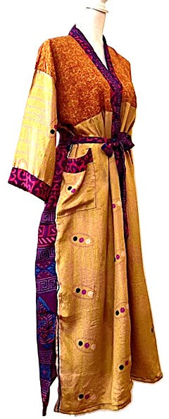 Luxurious Mixed Print Silk Kimono Duster. (Mustard)