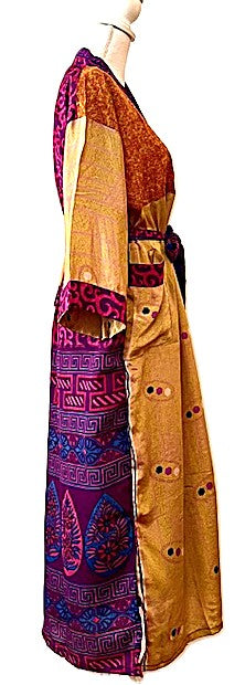 Luxurious Mixed Print Silk Kimono Duster. (Mustard)