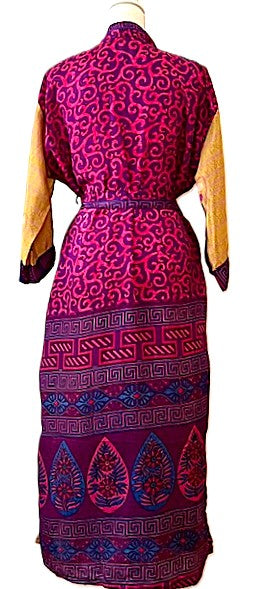Luxurious Mixed Print Silk Kimono Duster. (Mustard)