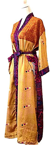 Luxurious Mixed Print Silk Kimono Duster. (Mustard)