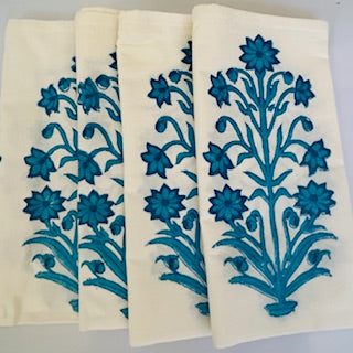 Luxe Dinner Napkins, Bloom Block Printed In Aqua. Striking