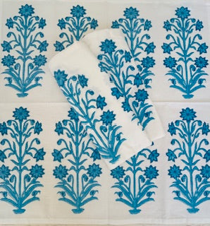 Luxe Dinner Napkins, Bloom Block Printed In Aqua. Striking
