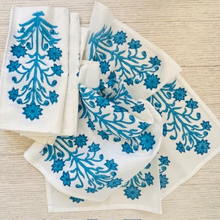 Luxe Dinner Napkins, Bloom Block Printed In Aqua. Striking