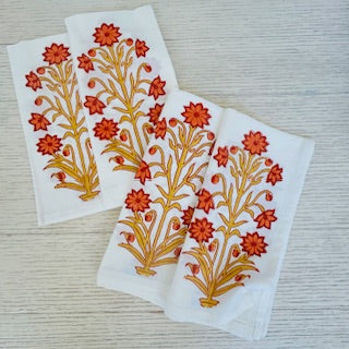 Luxe Dinner Napkins, Bloom Block Printed In Orange. Striking