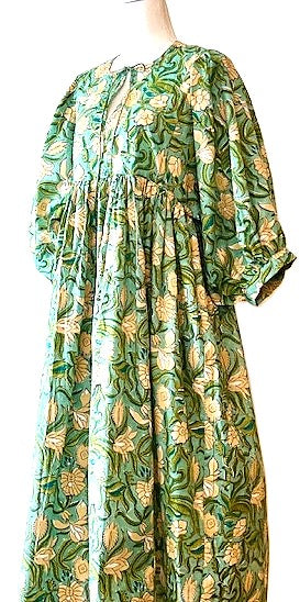 Cotton Handblock Midi Dress in Garden Party, Green