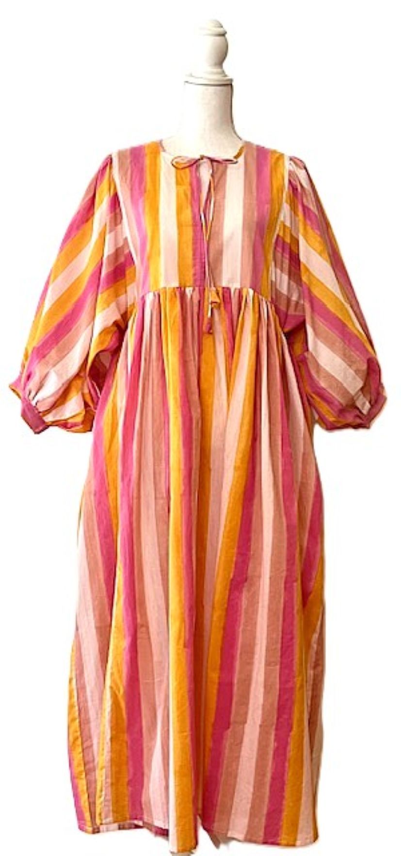 Striped Cotton Handblock Midi Dress (Pink Orange Stripe)