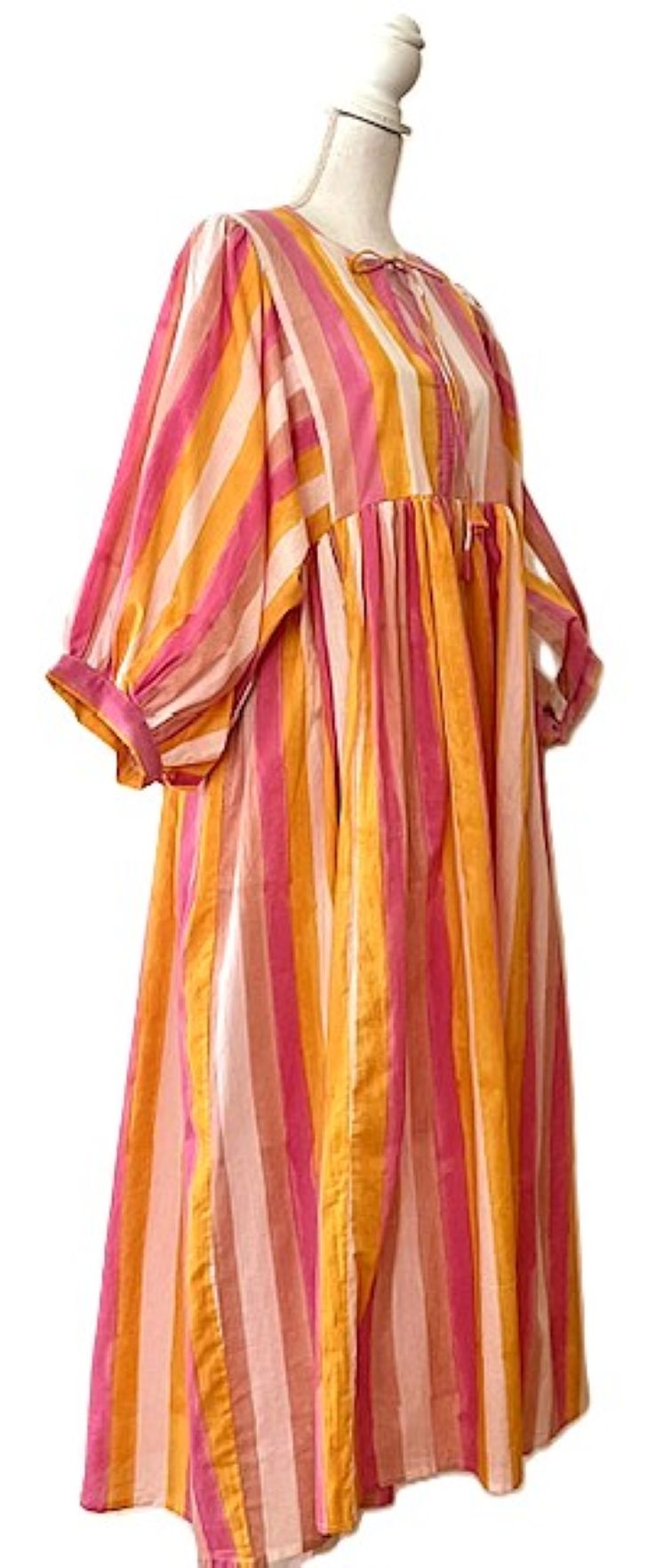Striped Cotton Handblock Midi Dress (Pink Orange Stripe)