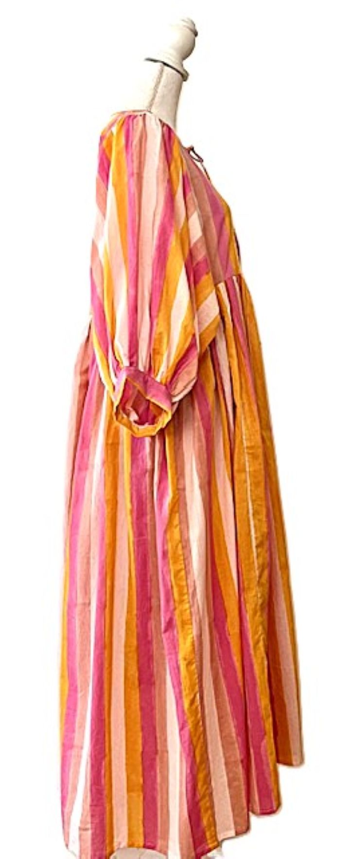 Striped Cotton Handblock Midi Dress (Pink Orange Stripe)