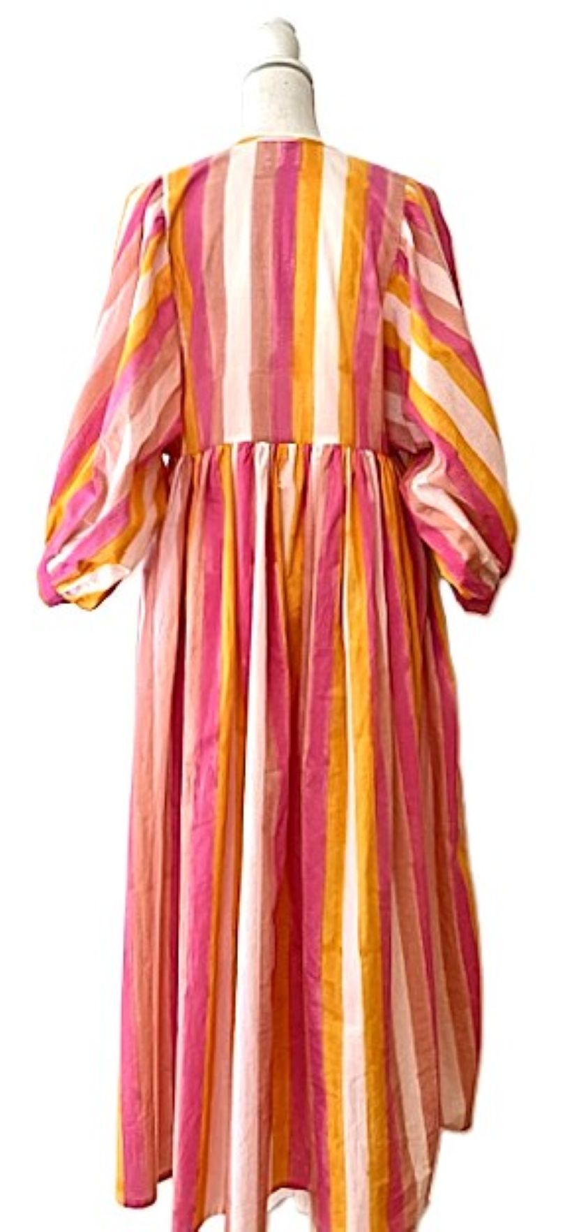 Striped Cotton Handblock Midi Dress (Pink Orange Stripe)
