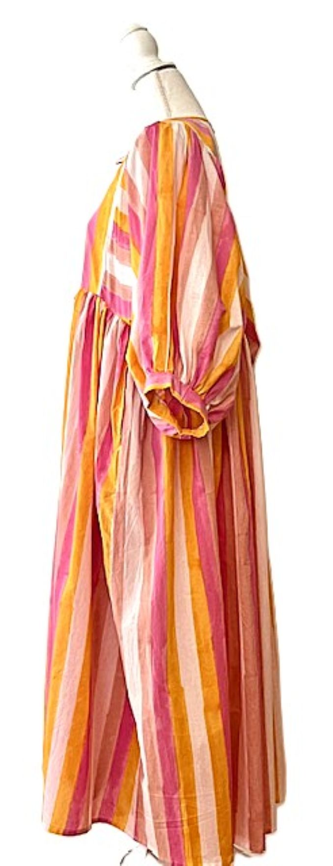 Striped Cotton Handblock Midi Dress (Pink Orange Stripe)