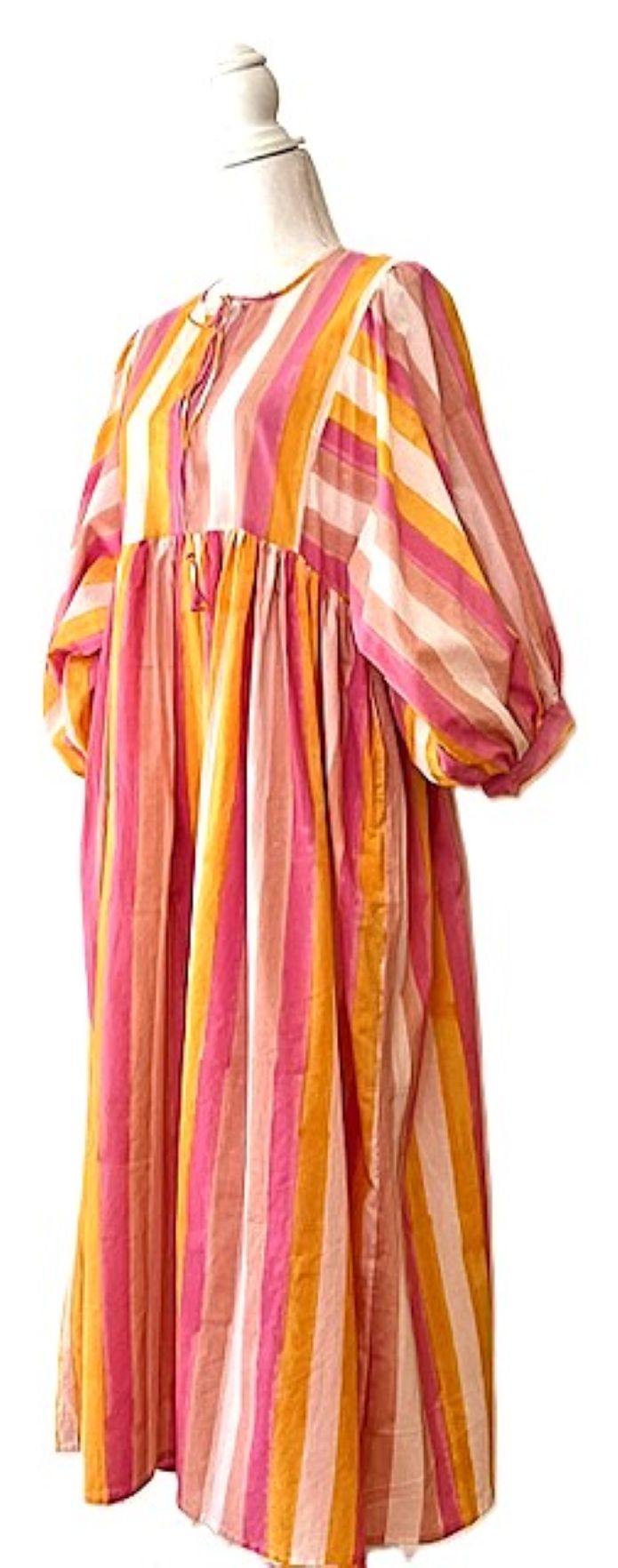 Striped Cotton Handblock Midi Dress (Pink Orange Stripe)