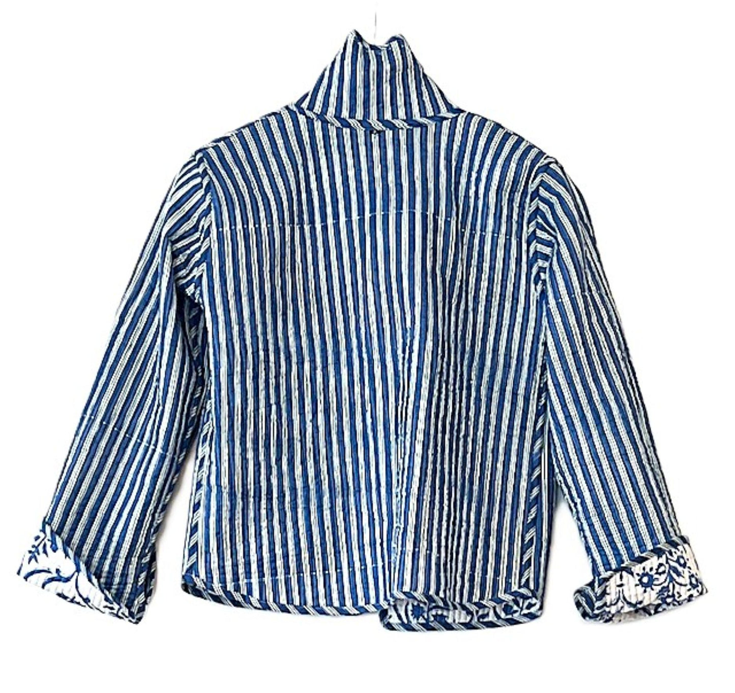 Reversible Cotton Quilted Jacket: Floral Print, Stripe Piping, Button Front (Blue).