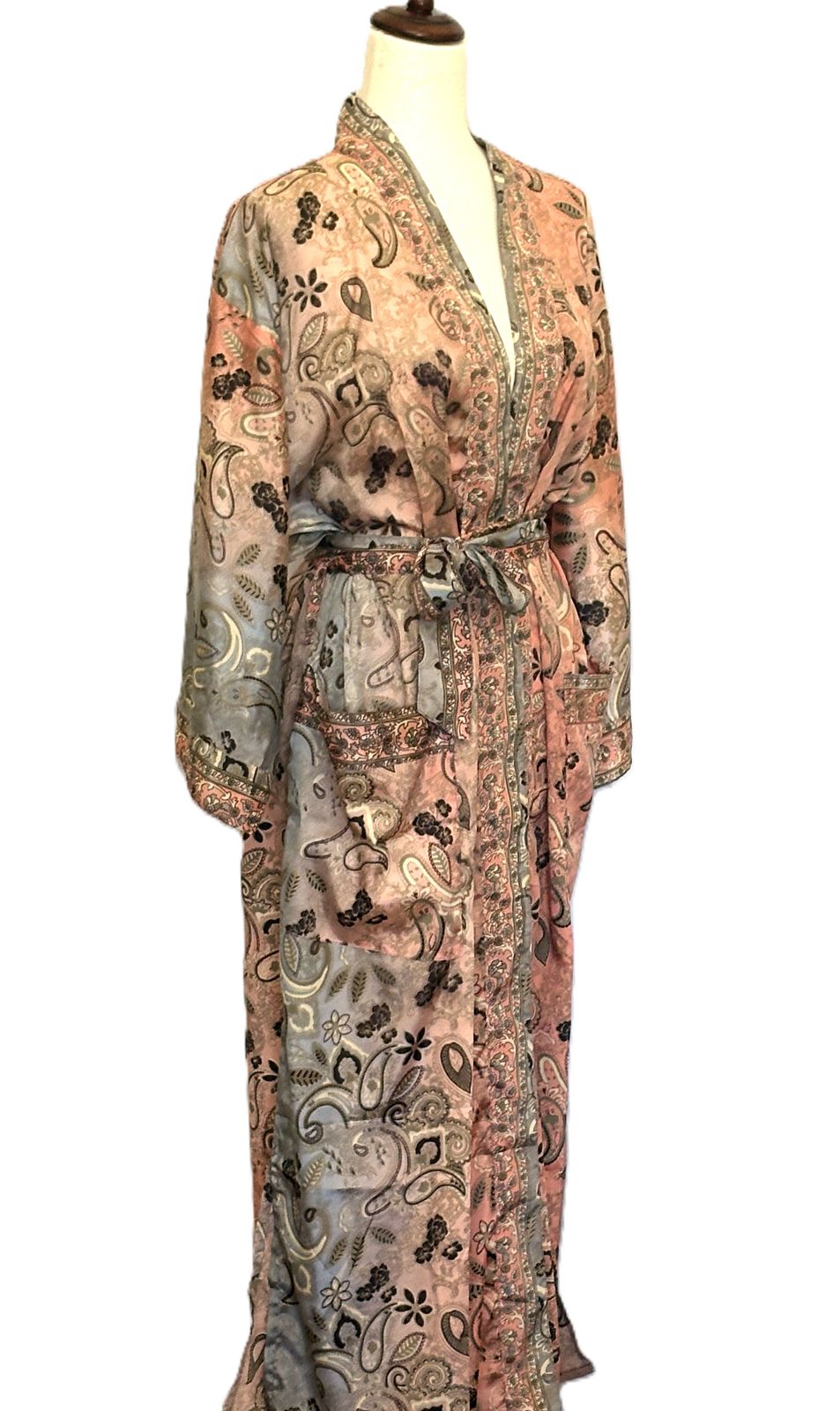 Signature Collection, Long Silk Kimono Duster In A Complex Print.