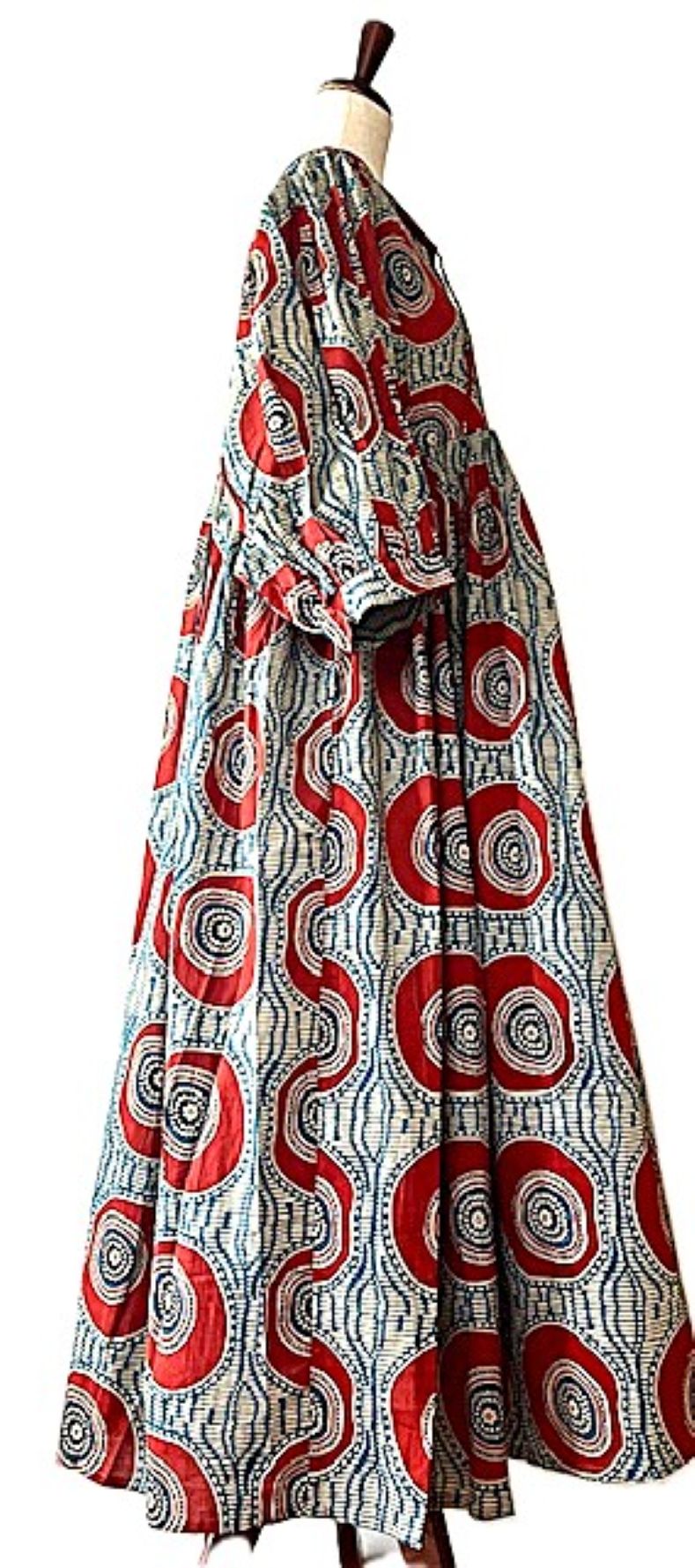 Dresses: Flared Geometric Midi Block Print.(Red Black)
