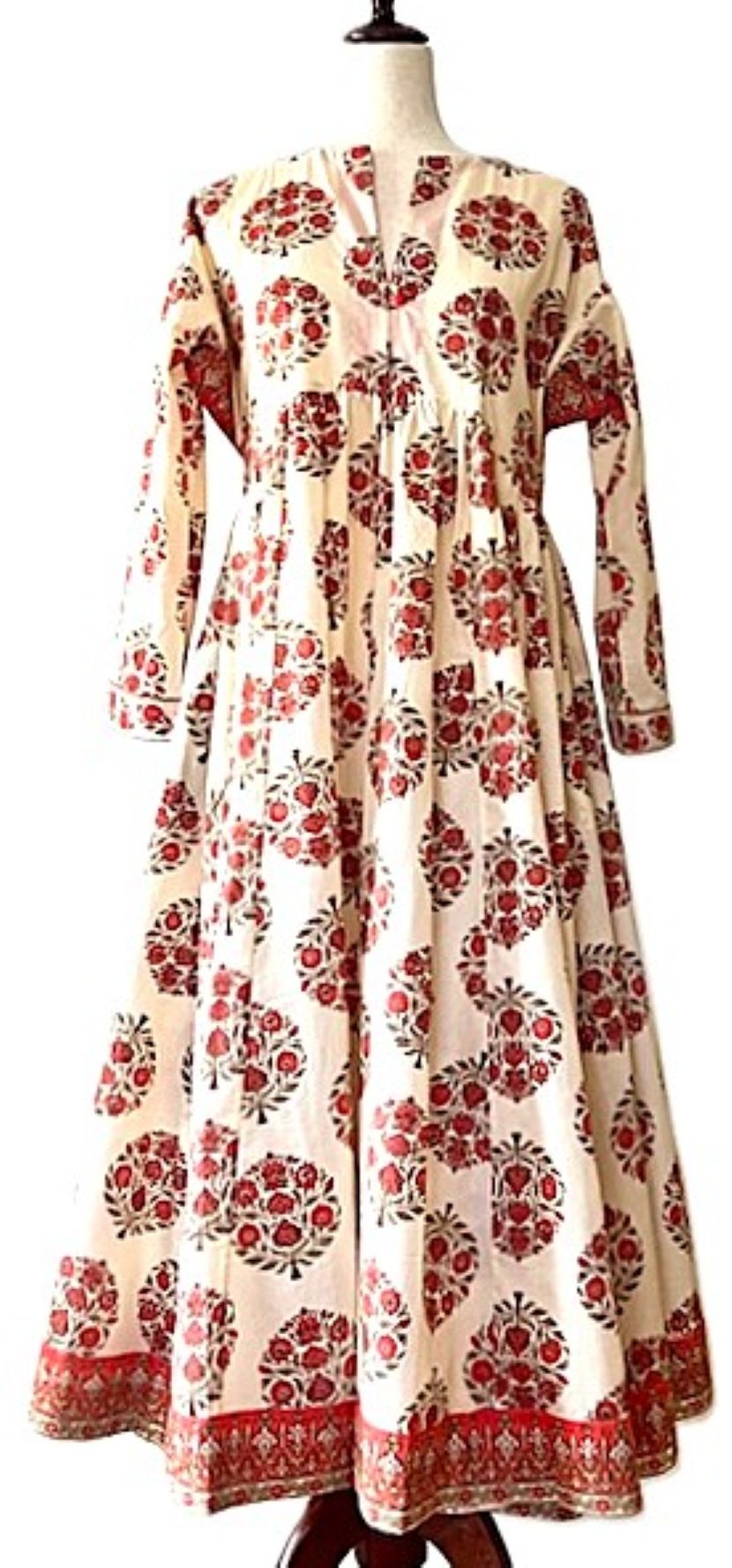 Dresses: Flattering Flared Midi Block Print Floral Cotton. (Red)