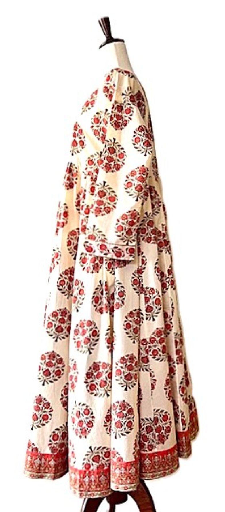 Dresses: Flattering Flared Midi Block Print Floral Cotton. (Red)