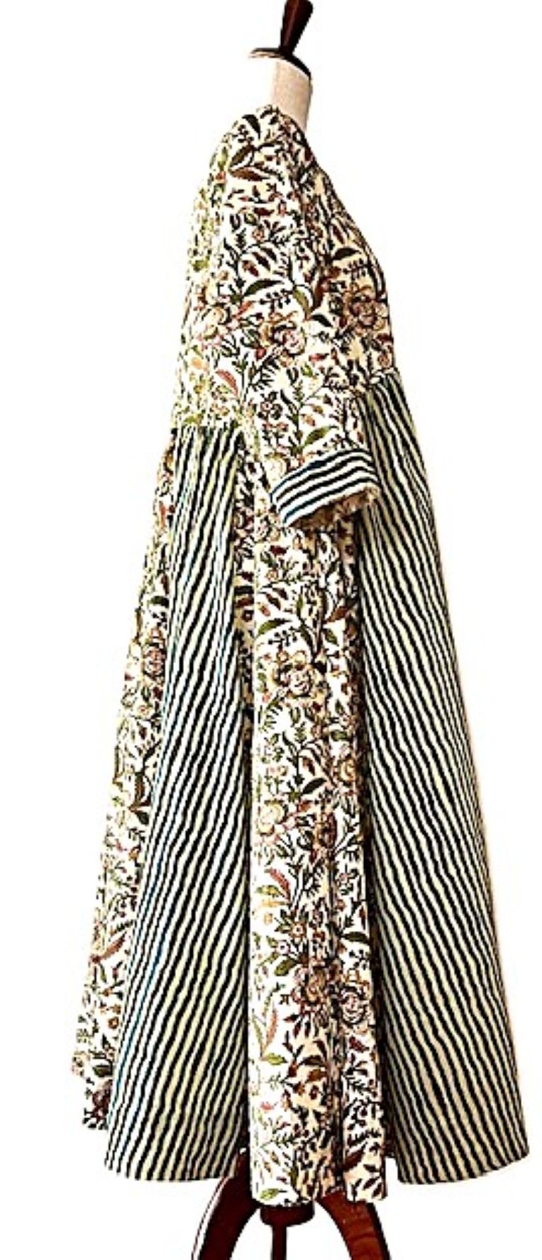 Dresses: Midi Block Print Floral Cotton With Inset Panels (Green)