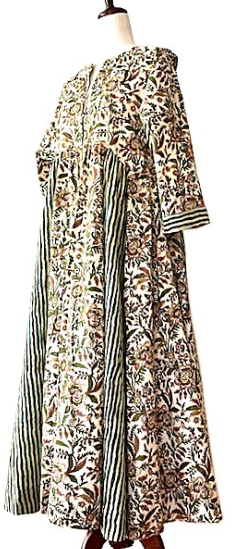 Dresses: Midi Block Print Floral Cotton With Inset Panels (Green)