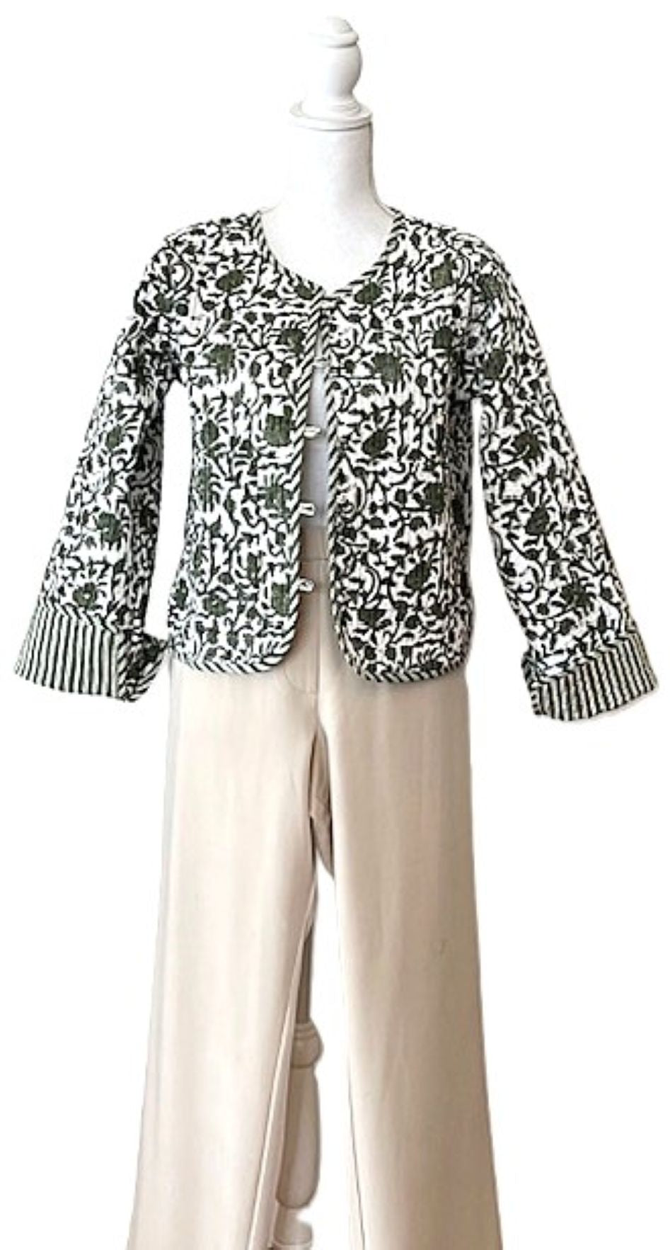 Reversible Cotton Quilted Womens Jacket With Stripe Piping (Olive)