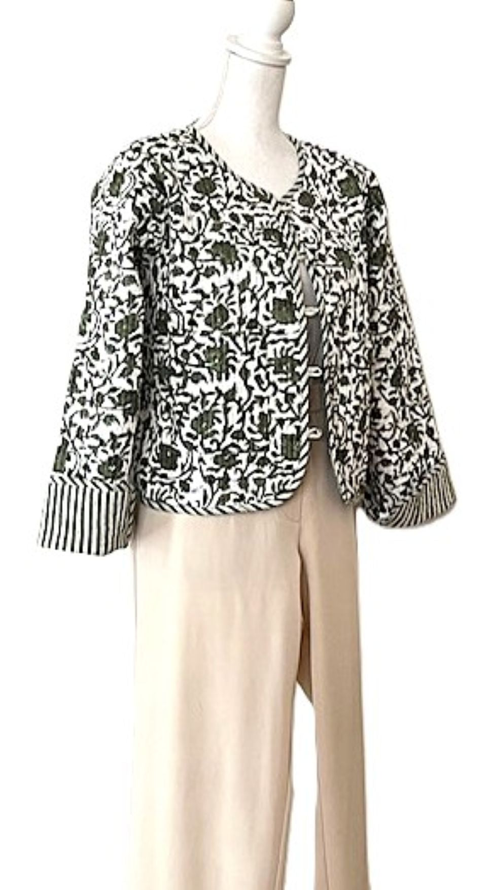 Reversible Cotton Quilted Womens Jacket With Stripe Piping (Olive)