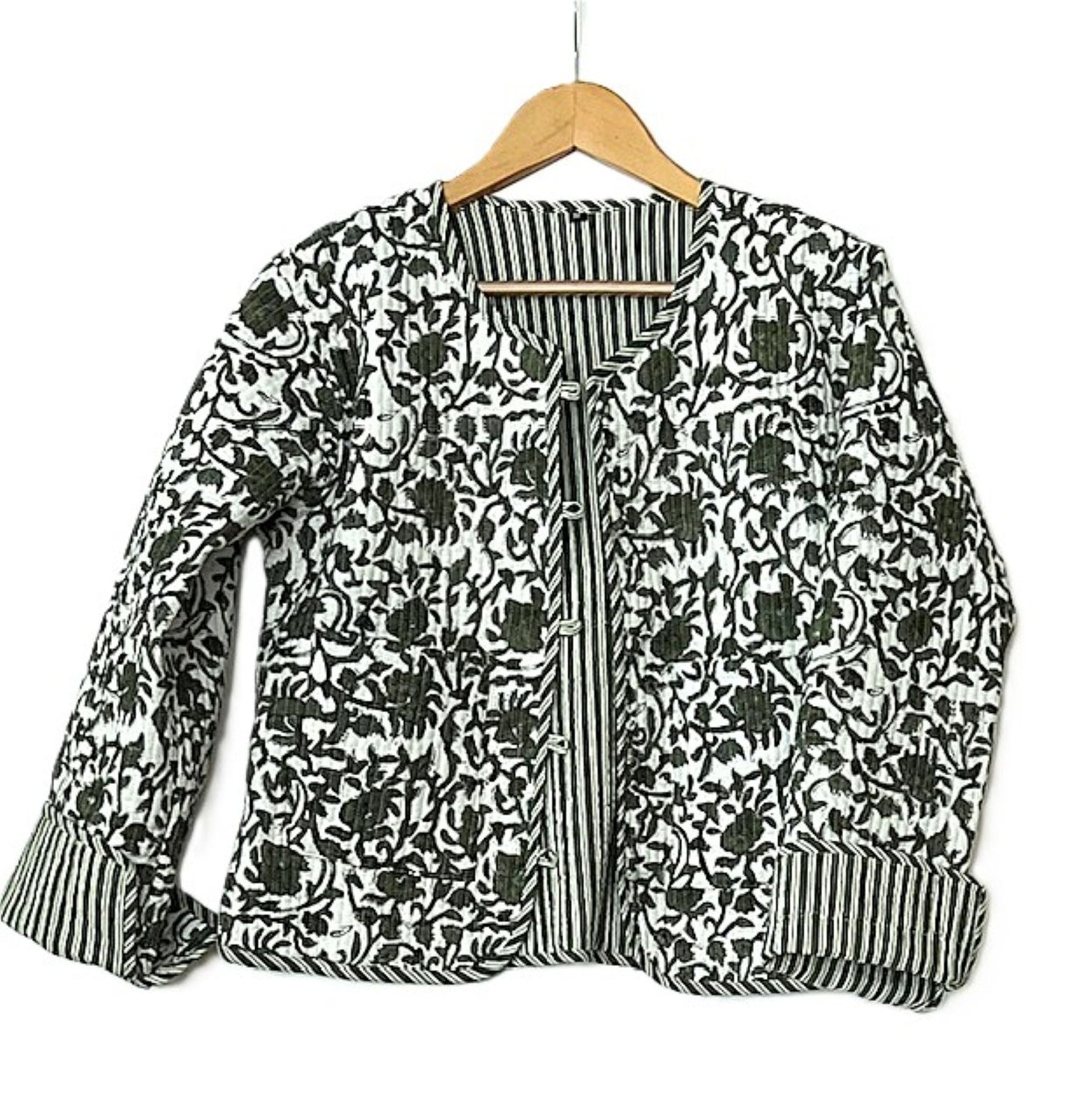 Reversible Cotton Quilted Womens Jacket With Stripe Piping (Olive)