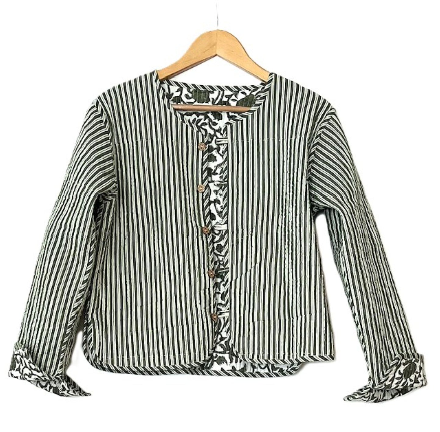 Reversible Cotton Quilted Womens Jacket With Stripe Piping (Olive)