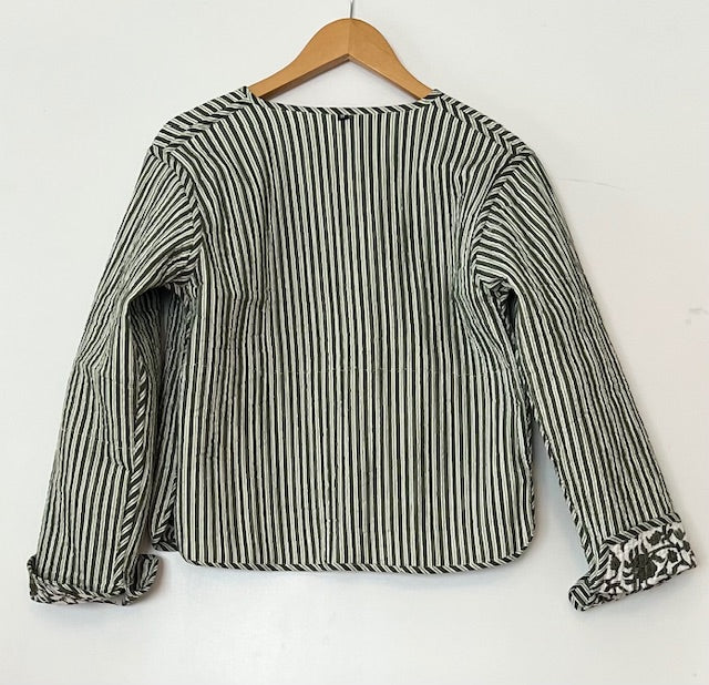Reversible Cotton Quilted Womens Jacket With Stripe Piping (Olive)