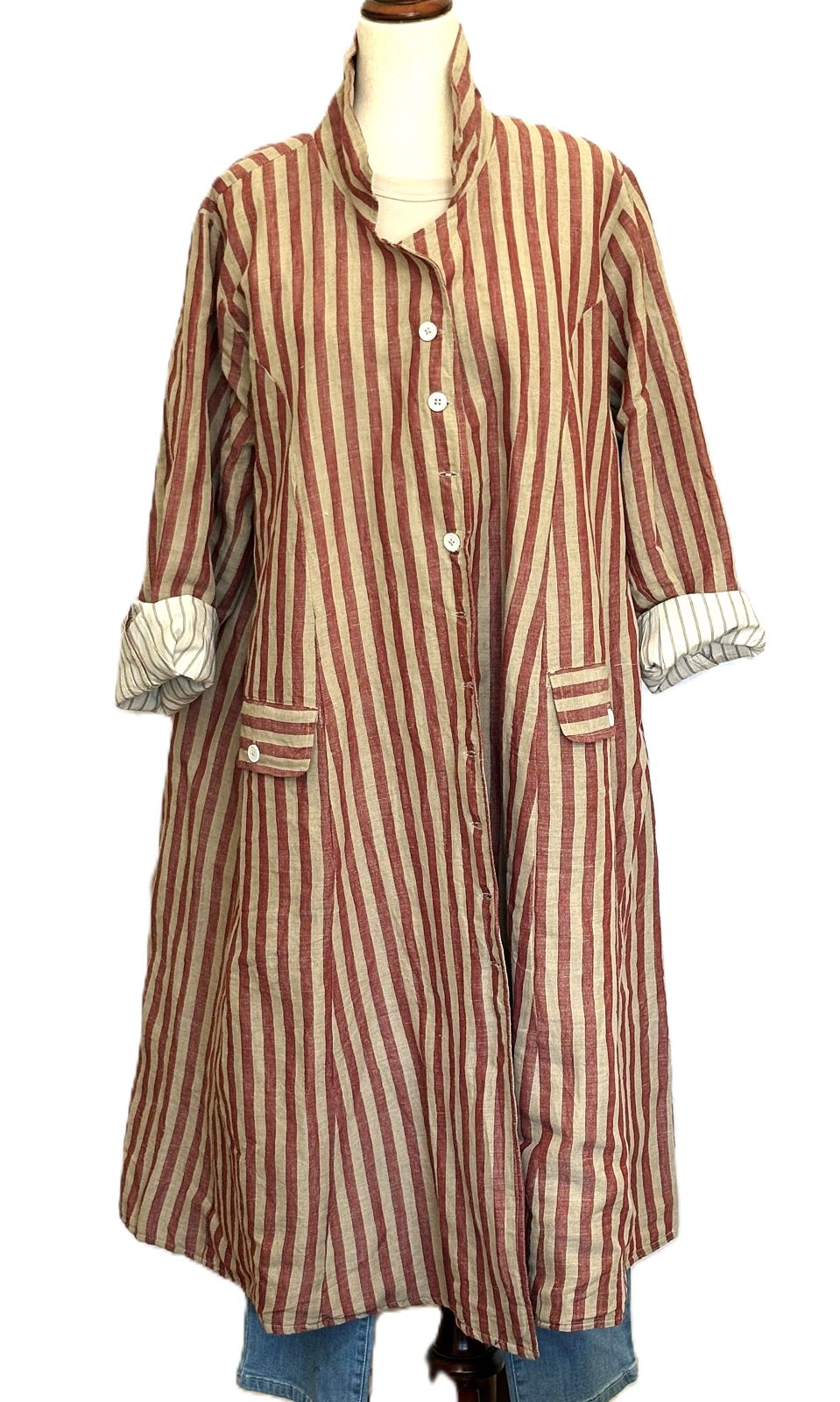 Coat: Long Sleeve Crafted Long Red Brick Striped Cotton Coat. A Hit!