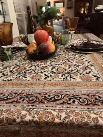 Gold & Rose Kalamkari TableCloth, Runner, and Napkins. Handmade Block Print.